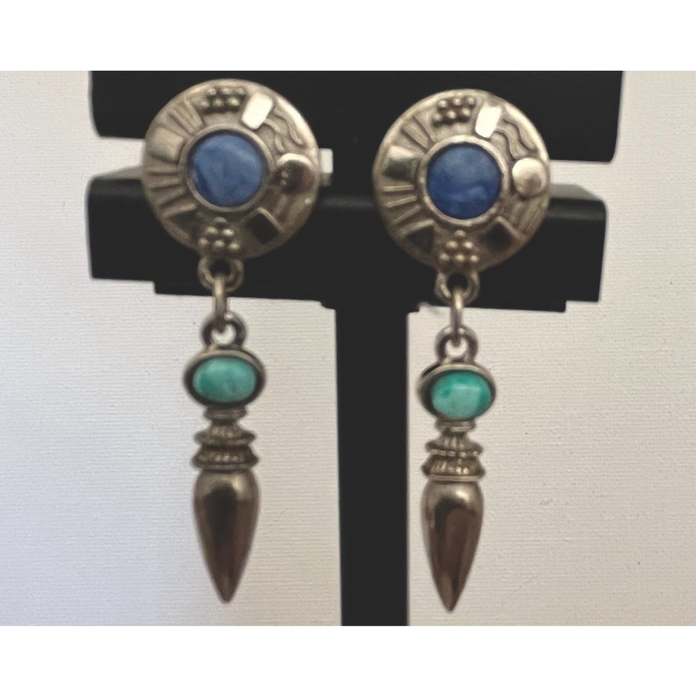 Vintage Post Silver Toned Retro Southwest Earrings Blue Stone Western Long